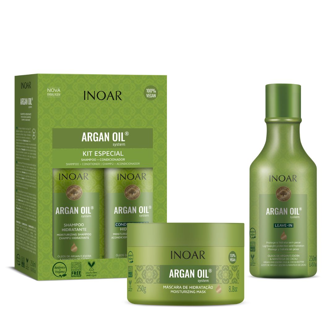 Inoar Argan Oil System Kit - Shampoo, Conditioner, Mask and Leave-in