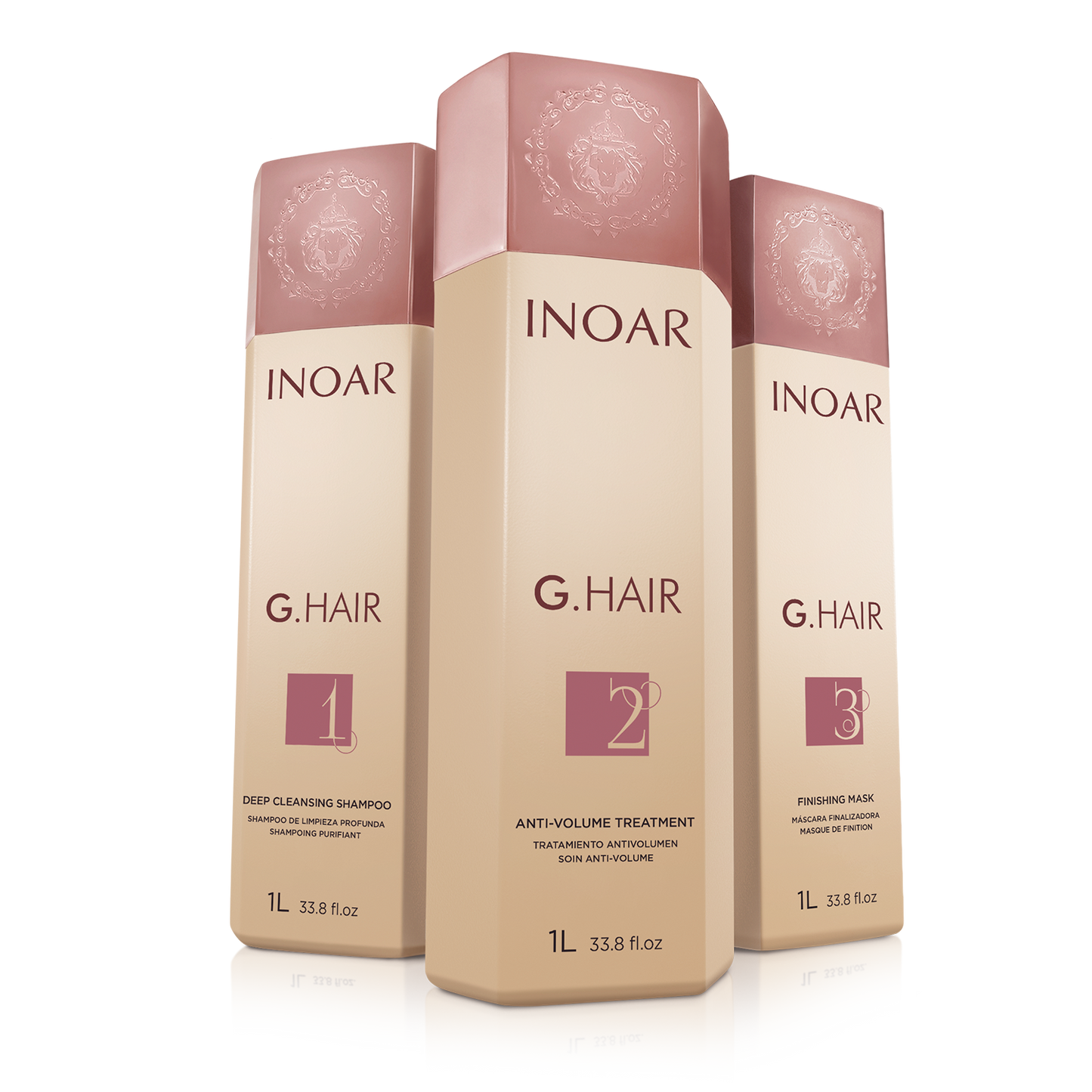 Inoar PROFESSIONAL - G.Hair Keratin Smoothing System (1 liter x 3 ) Deep Cleansing Shampoo, Anti-Volume Treatment & Finishing Mask