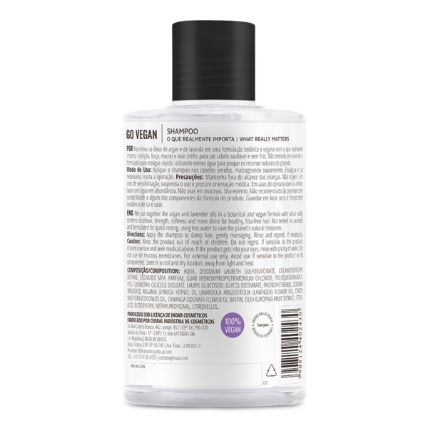 Inoar Go Vegan Anti frizz Shampoo, Argan and Lavender Oil, Directions